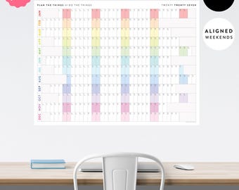 NEW LAYOUT! Giant 2027 Wall Calendar with Aligned Weekends | 2027 Minimalist Annual Planner (Horizontal / Rainbow)
