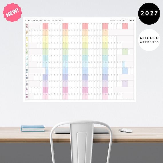 NEW LAYOUT! Giant 2027 Wall Calendar with Aligned Weekends | 2027 Minimalist Annual Planner (Horizontal / Rainbow)
