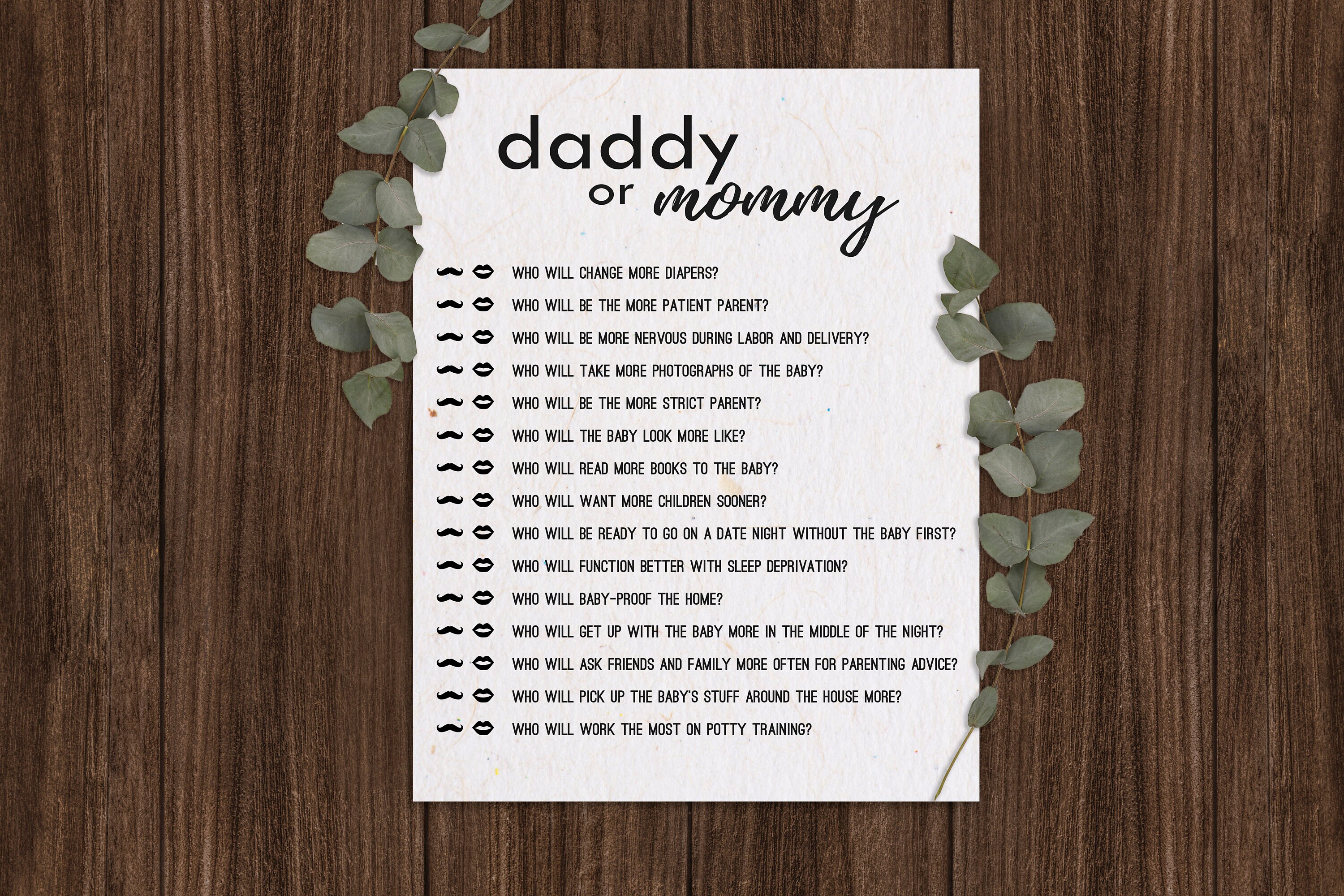 Daddy or Mommy Mom or Dad Quiz Rustic Baby Shower Printable - Etsy