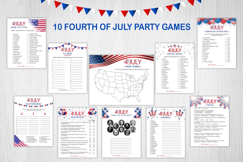 10 Games Pack for 4th of July Printable Games, Patriotic Fourth of July ...