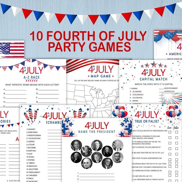 10 Games Pack voor 4 juli afdrukbare games, patriottische Fourth of July Games Independence Day Instant Download, BBQ Games, Memorial Day