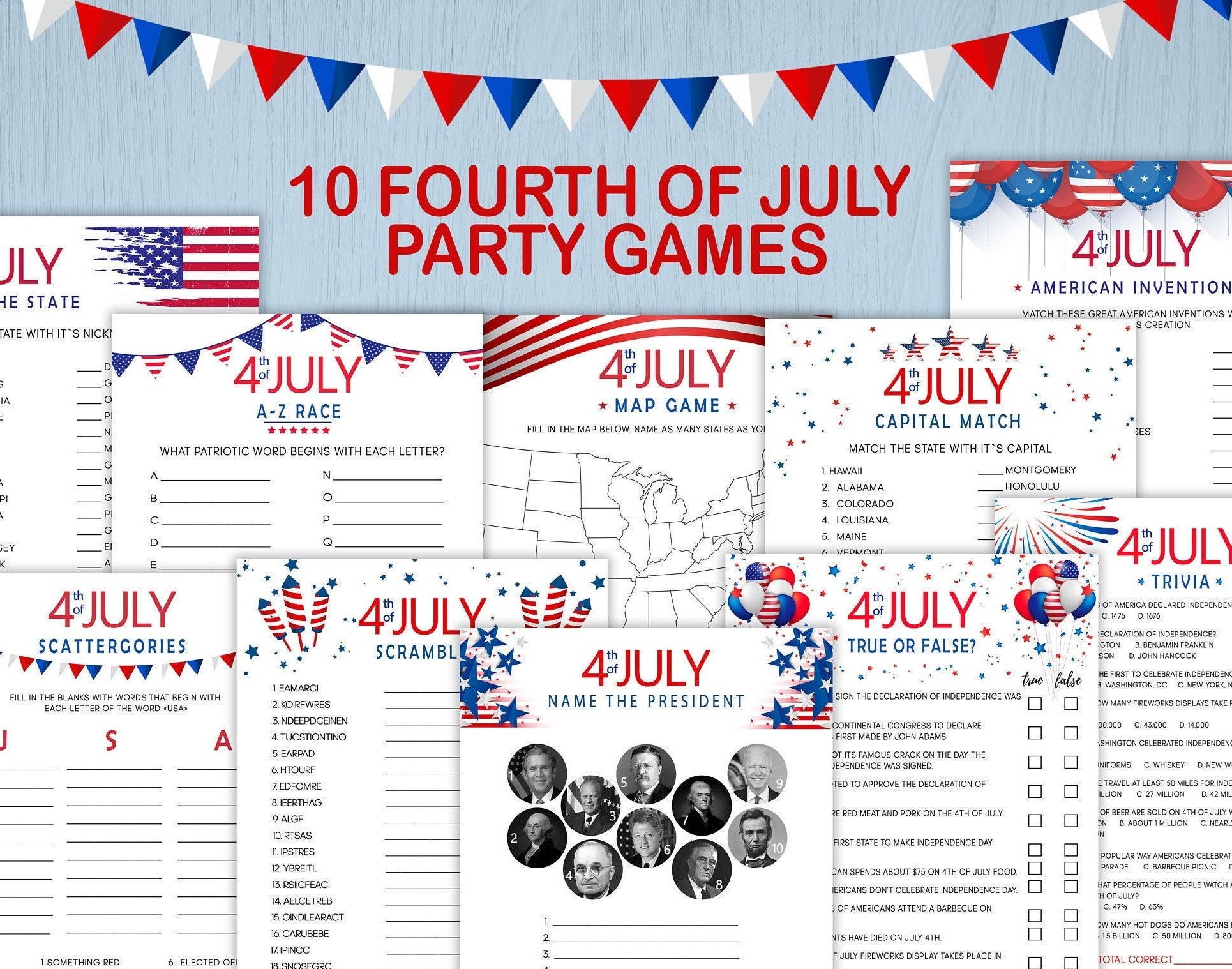 10 Games Pack for 4th of July Printable Games, Patriotic Fourth of July Games Independence Day 
