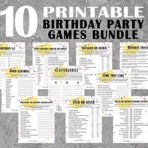 10 Birthday Party Games Bundle, Printable Birthday Trivia Games, Adult Birthday Party Games Set, Younger or Older, Scramble,Instant Download