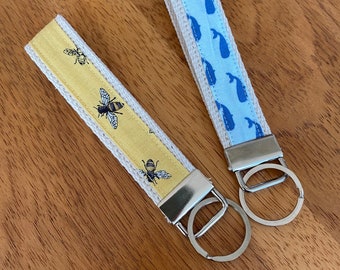 Bees or Whales All-cotton Keychain, Wristlet, Key Fob