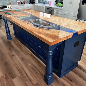 Hardwood Epoxy Resin Ocean Theme Kitchen Island Top, Countertop, Bar top