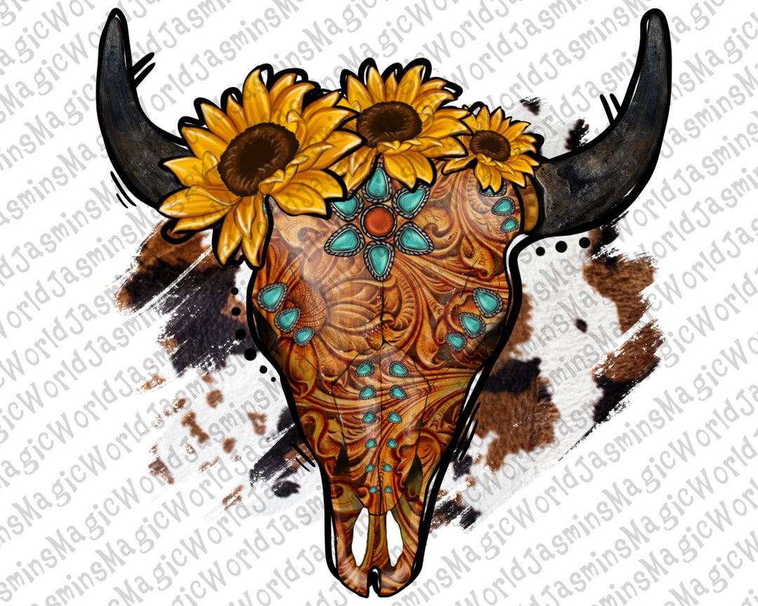 Western Tooled Leather Bull Skull,western Skull Png, Turquoise and ...