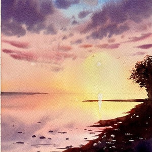 Sea Sunset Original Watercolor painting 10 x 14", seascape wall art, tramonto, arte di Laly