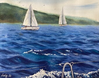 Op het bord originele aquarel schilderij 12 x 16", zeegezicht muurkunst, t-golven, zeilboten.