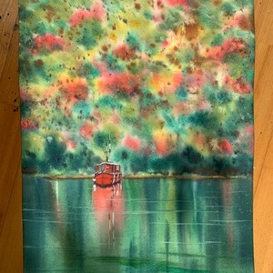 May include: A watercolour painting of a red boat on a still lake with an abstract green and blue background. The boat is in the centre of the image and is reflected in the water. The background is a mix of green, blue, and yellow colours.