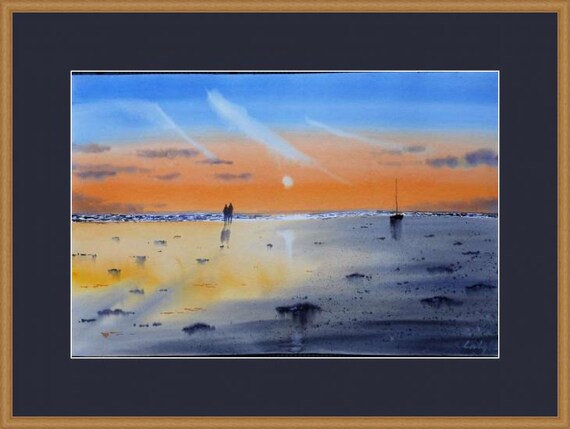 サンセットビーチ オリジナル絵画 12.7インチ×19.6インチ、風景、海