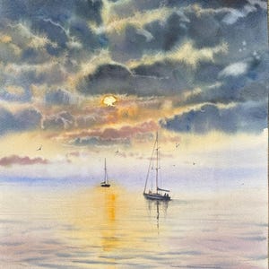 Original Watercolour painting Sea sunset , 30/40 cm, wall decor, Scandinavian art painting, Baltic Sea art, coastal watercolor wall art