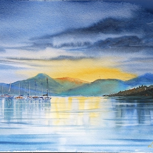 Sunset boats Original watercolor painting, seascape, ,art gift, decor home, 12&quot;x 16&quot;