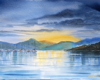 Zonsondergang boten Originele aquarel schilderij, zeegezicht, kunst cadeau, decor huis, 12 "x 16"