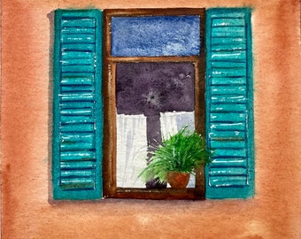 Window original watercolor painting, small size 6x7,8&quot; small price, home decor, art gift