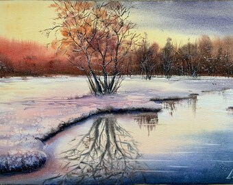 Aquarel winterlandschap, originele sneeuwlandschapskunst, minimalistisch wintermuurdecor, natuurlandschapskunstwerk, 36/53 cm