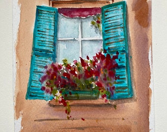Window original watercolor painting, small size 6x7,8&quot; small price, home decor, art gift