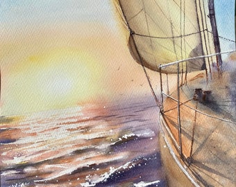 夕焼けのヨットの絵画：印象派の海景油彩 - Etsy 日本