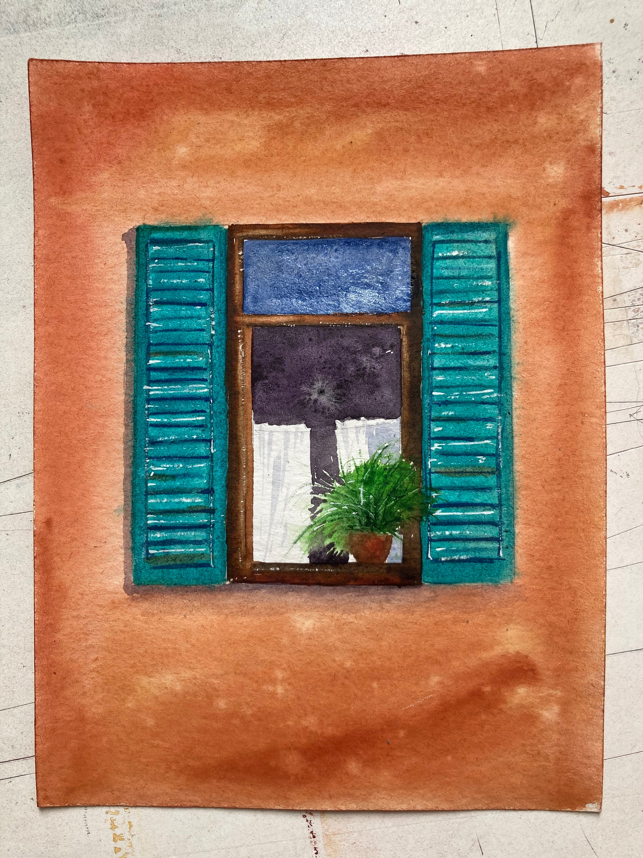 Window Original Watercolor Painting, Small Size 6x7,8