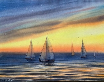 Sunset salboats Original Watercolor painting 15 x 21”,seascape wall art, sunset, boat.