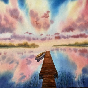 Sunset Original Watercolor painting 12 x 16”, seascape wall art, sunset, boat.