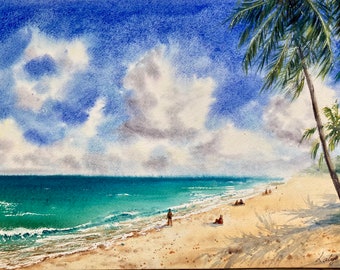Window to the beach Original watercolor painting, ocean, beach, PuertoRico