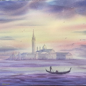 Sunset in Venice Original watercolour painting, 30/40 cm, sea, boat, sunset, Venice