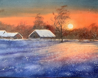 Winter Landscape Watercolor Painting, Original Snow Landscape Art, Minimalist Winter Wall Decor, Nature Landscape Artwork, 36/53cm