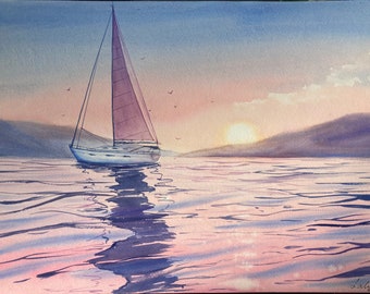 Pink sunset Original Watercolor painting 12 x 16”, seascape wall art, sunset, boat.