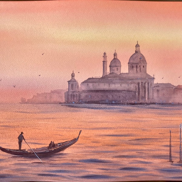 Sunset in Venice Original Watercolor painting 12 x 16” , art,