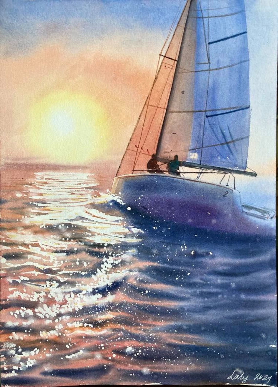 sailboat at sunset watercolor