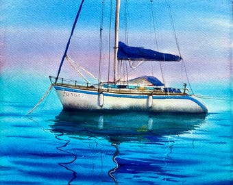 Boat in port Original Watercolor painting 12 x 16”, seascape wall art, sunset, boat.