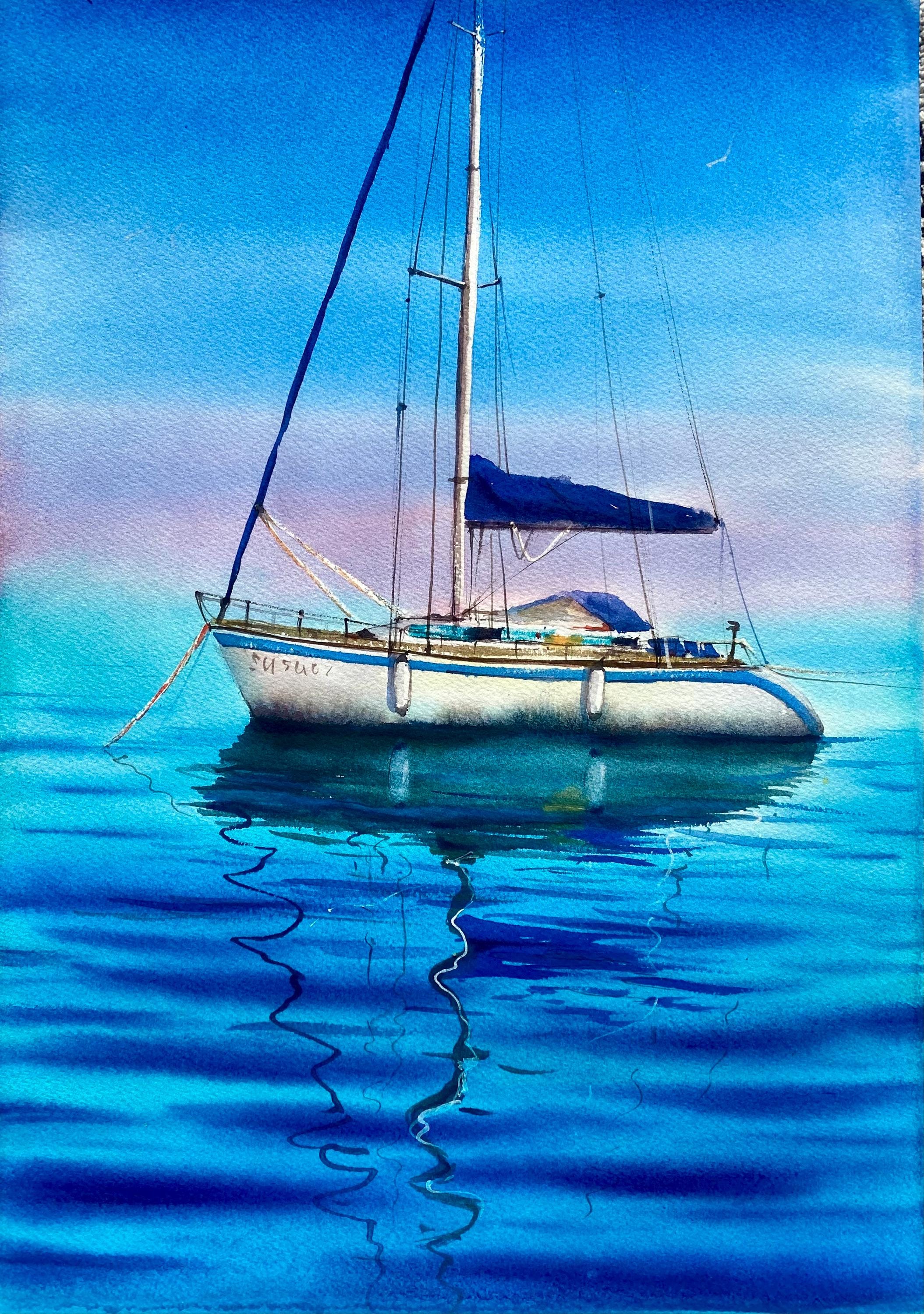 絵画 ヨット停泊 港に停泊するボート。オリジナルの水彩画、12 x 16インチ、海景の