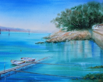 Originele landschapswaterverfschilderij, natuurlandschapskunst, minimalistisch natuurmuurdecor, handgeschilderd landschapskunstwerk, 12/16"