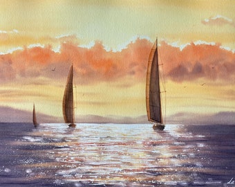 日没時の漁船オリジナル水彩画、ボートの絵、黄色オレンジ色のボートの