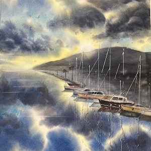Susnset in the harbor Original Watercolor painting 12 x 16”, seascape wall art, sunset, boats