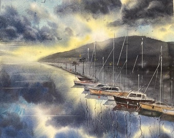 Susnset in the harbor Original Watercolor painting 12 x 16”, seascape wall art, sunset, boats