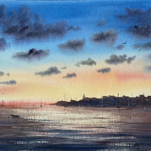 Havenzonsondergang Origineel aquarelschilderij 12 x 16", kunst aan de muur zeegezicht, zonsondergang, boten, kunstcadeau
