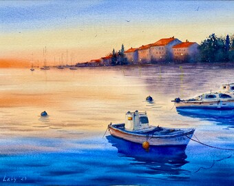 Boten in de haven Originele aquarel 23 x 15", aquarel Middellandse Zeegezicht, kustmuurkunst, oceaanlandschapskunstwerk