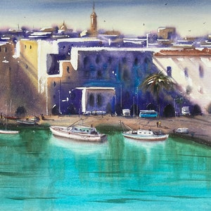 Morning in port Original Watercolor painting 15 x 20”, seascape wall art, morning, port, boats.