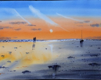 Pintura original "Playa al atardecer" de 32,3 cm x 50 cm, paisaje, mar, barco, decoración del hogar, arte, regalo, pintura de gran tamaño.
