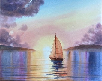 Origineel schilderij zeilboot 12 x 16", kunst aan de muur zeegezicht, zonsondergang, boot, aquarel
