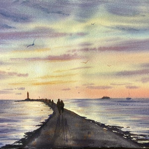 Zonsondergang vuurtoren originele aquarel schilderij zeegezicht kunst aan de muur, zonsondergang, boot.