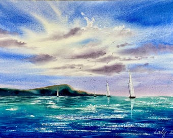 Zomer zeegezicht origineel aquarel schilderij 12 x 16", zeegezicht kunst aan de muur, golven, wolken, zeilboten.