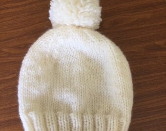 Knit hat.  Adult hat.   Acrylic hat.  Winter hat.  Warm hat. White hat.  Hat with pom pom.  Bulky knit hat. #10