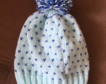Knit hat.  Adult hat.  Acrylic hat.  Winter hat.  Warm hat.  Hat with pom pom.  Hat with heart flecks.  #7.