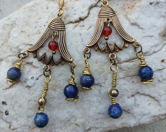 Boucles d'oreilles en lapis lazuli, cornaline et laiton pour femme Temple  Wire wrapping