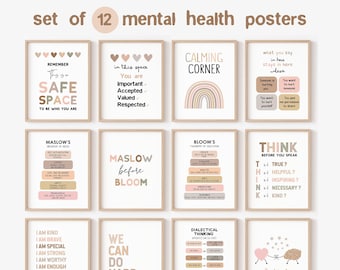 May include: A set of 12 mental health posters with inspirational quotes and affirmations. The posters feature a neutral color palette with text such as "Safe Space", "Calming Corner", and "Be kind to your mind". The posters are in wooden frames.