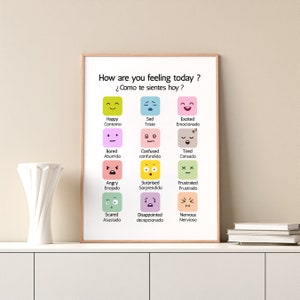 bilingual therapy poster, feelings poster, spanish feelings Poster, how are you feeling today, como te sientes, psychologist office decor