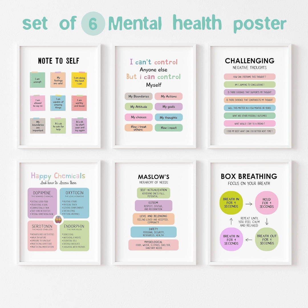 Set of 6 Therapy Office Art, Mental Health Posters, Psychology Bundle ...