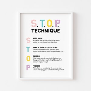 stop technique stress and anxiety mental health poster therapy office decor mindfulness for kids calm down corner school counselor posters